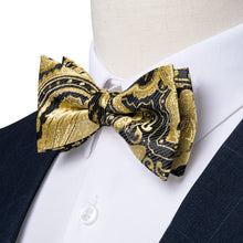 Golden Black Paisley Silk Bowtie Pocket Square Cufflinks Set