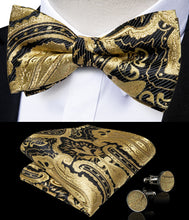 Golden Black Paisley Silk Bowtie Pocket Square Cufflinks Set