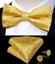 Yellow Paisley Silk Bowtie Pocket Square Cufflinks Set