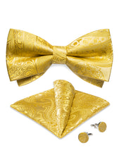 Yellow Paisley Silk Bowtie Pocket Square Cufflinks Set