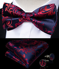 Blue Red Paisley Silk Bowtie Pocket Square Cufflinks Set