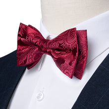 Red floarl Silk Bowtie Pocket Square Cufflinks Set