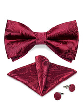 Red floarl Silk Bowtie Pocket Square Cufflinks Set