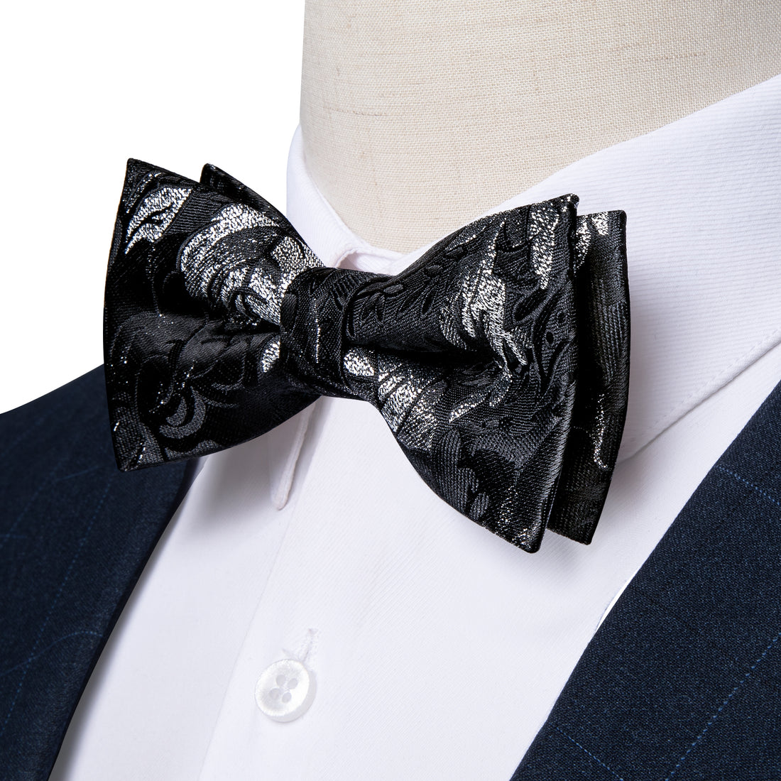 Black Flowers Bowtie Pocket Square Cufflinks Set