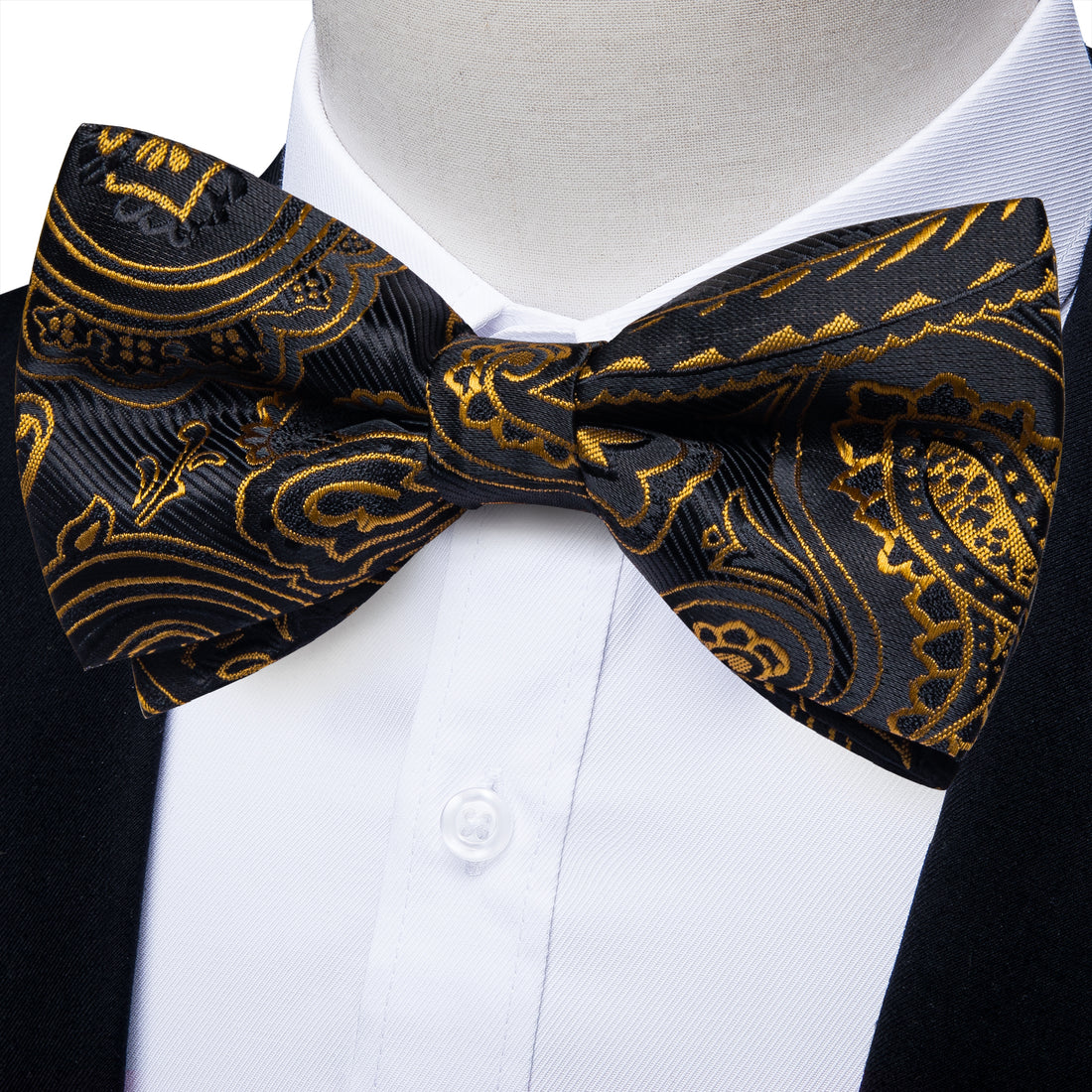 Black Gold Floral Bowtie Pocket Square Cufflinks Set