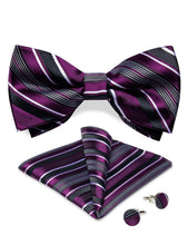 Purple White stripe Bowtie Pocket Square Cufflinks Set