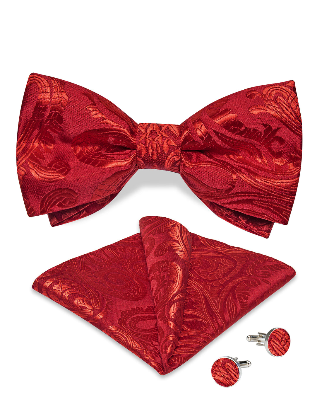 Red Floral Bowtie Pocket Square Cufflinks Set