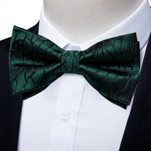 Green Black Striped Silk Men's Pre-Bowtie Pocket Square Cufflinks Set