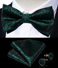 Green Black Striped Silk Men's Pre-Bowtie Pocket Square Cufflinks Set