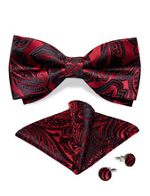 Red Black Floral Silk Bowtie Pocket Square Cufflinks Set