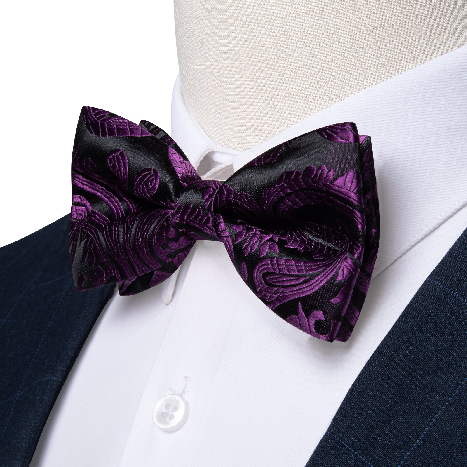 Black Purple Floral Silk Bowtie Pocket Square Cufflinks Set