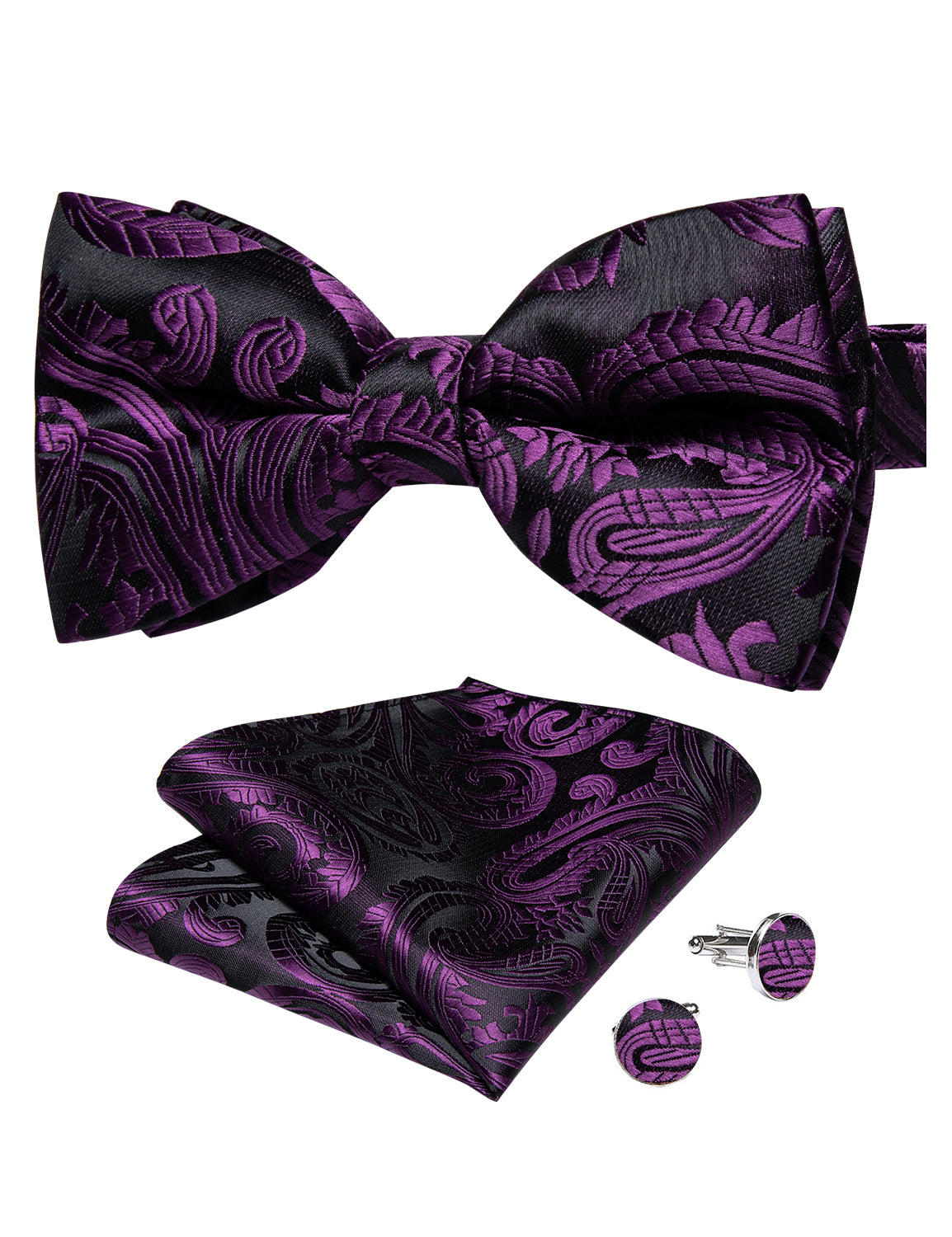 Black Purple Floral Silk Bowtie Pocket Square Cufflinks Set