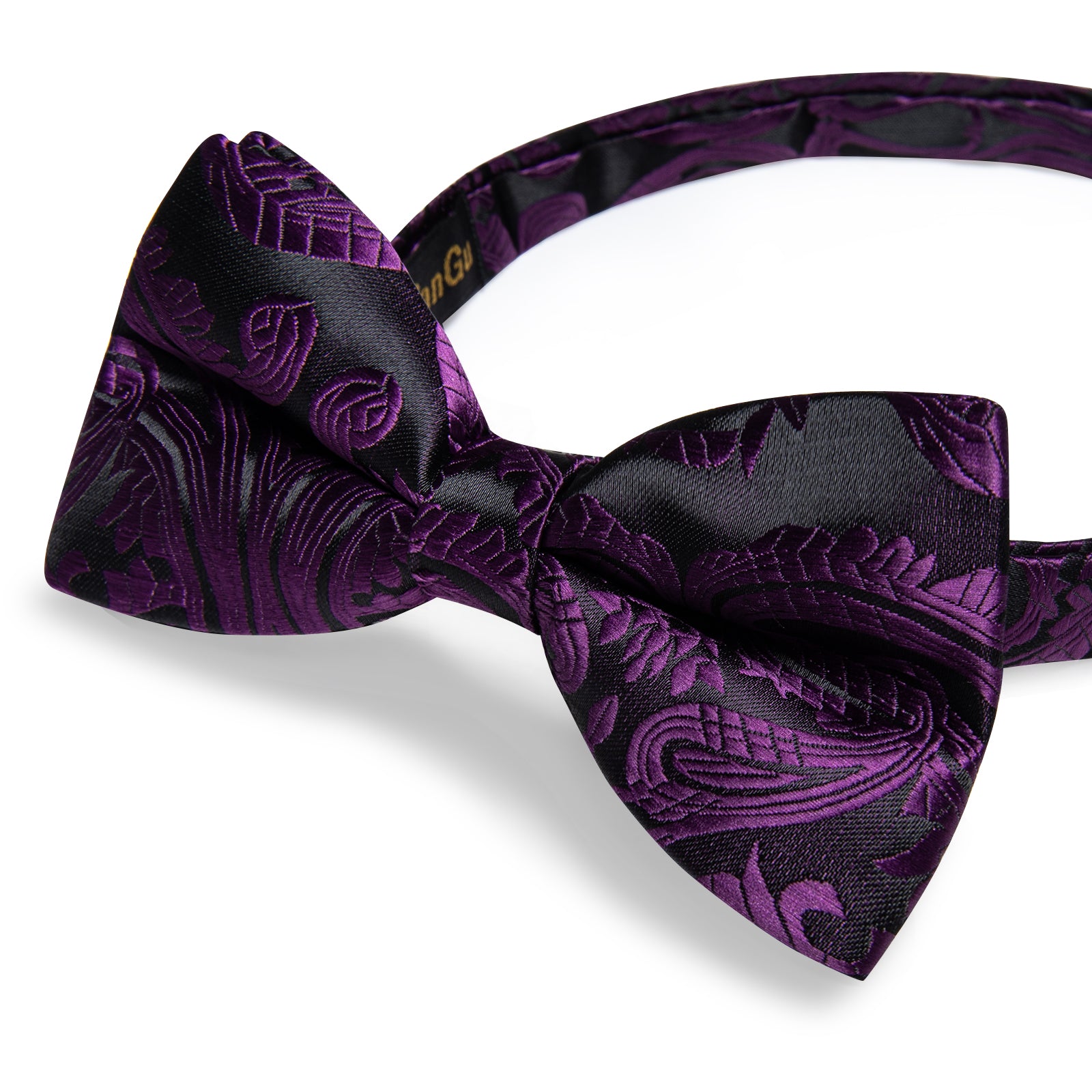 Black Purple Floral Silk Bowtie Pocket Square Cufflinks Set