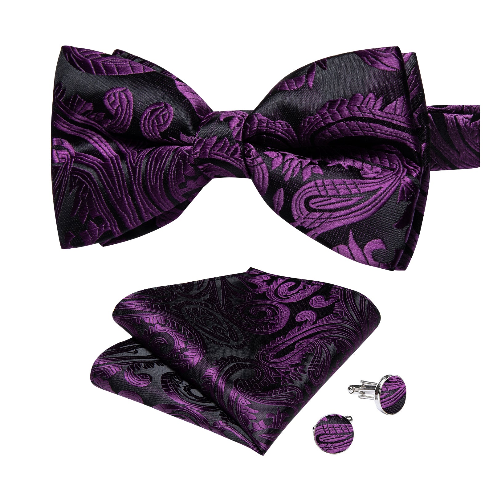 Black Purple Floral Silk Bowtie Pocket Square Cufflinks Set