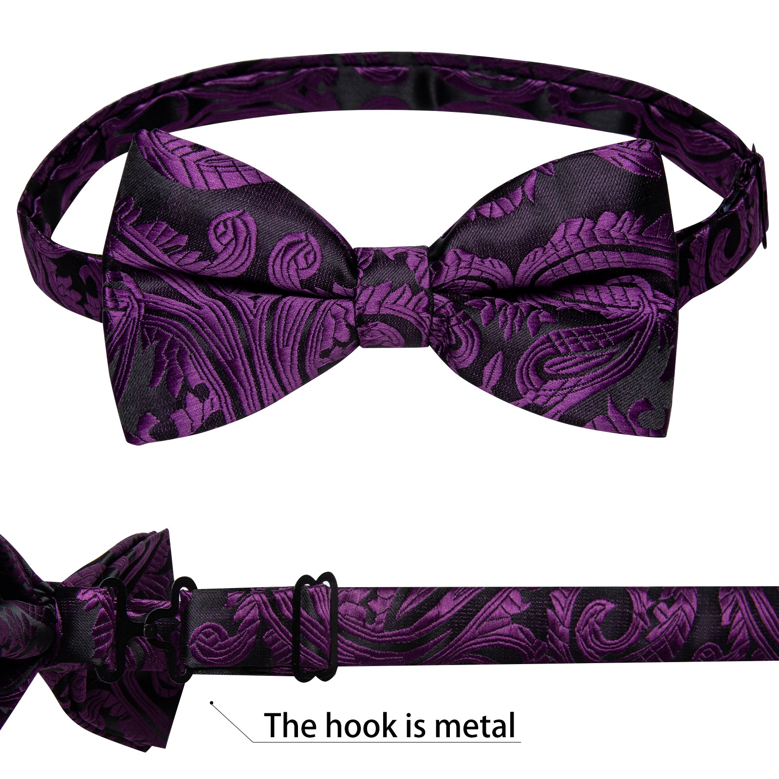 Black Purple Floral Silk Bowtie Pocket Square Cufflinks Set