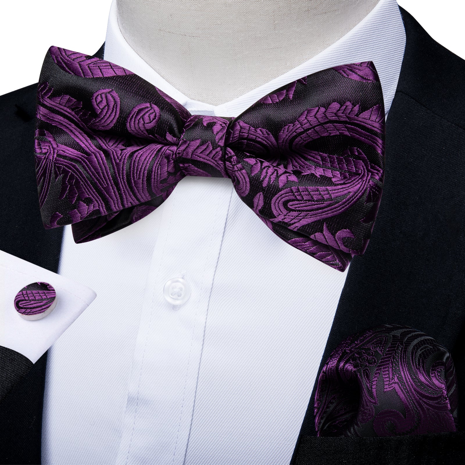 Black Purple Floral Silk Bowtie Pocket Square Cufflinks Set
