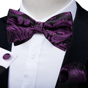 Black Purple Floral Silk Bowtie Pocket Square Cufflinks Set