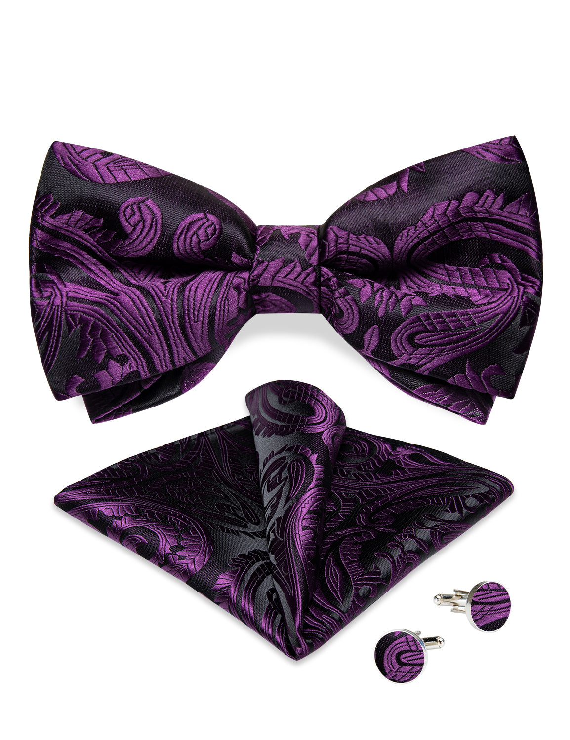 Black Purple Floral Silk Bowtie Pocket Square Cufflinks Set