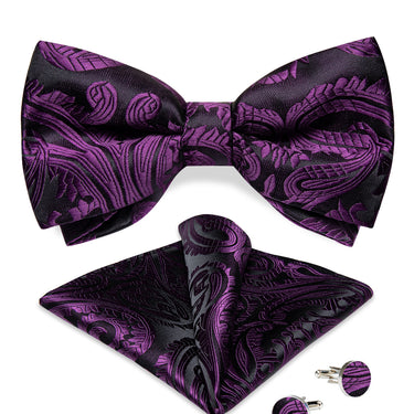 Black Purple Floral Silk Bowtie Pocket Square Cufflinks Set