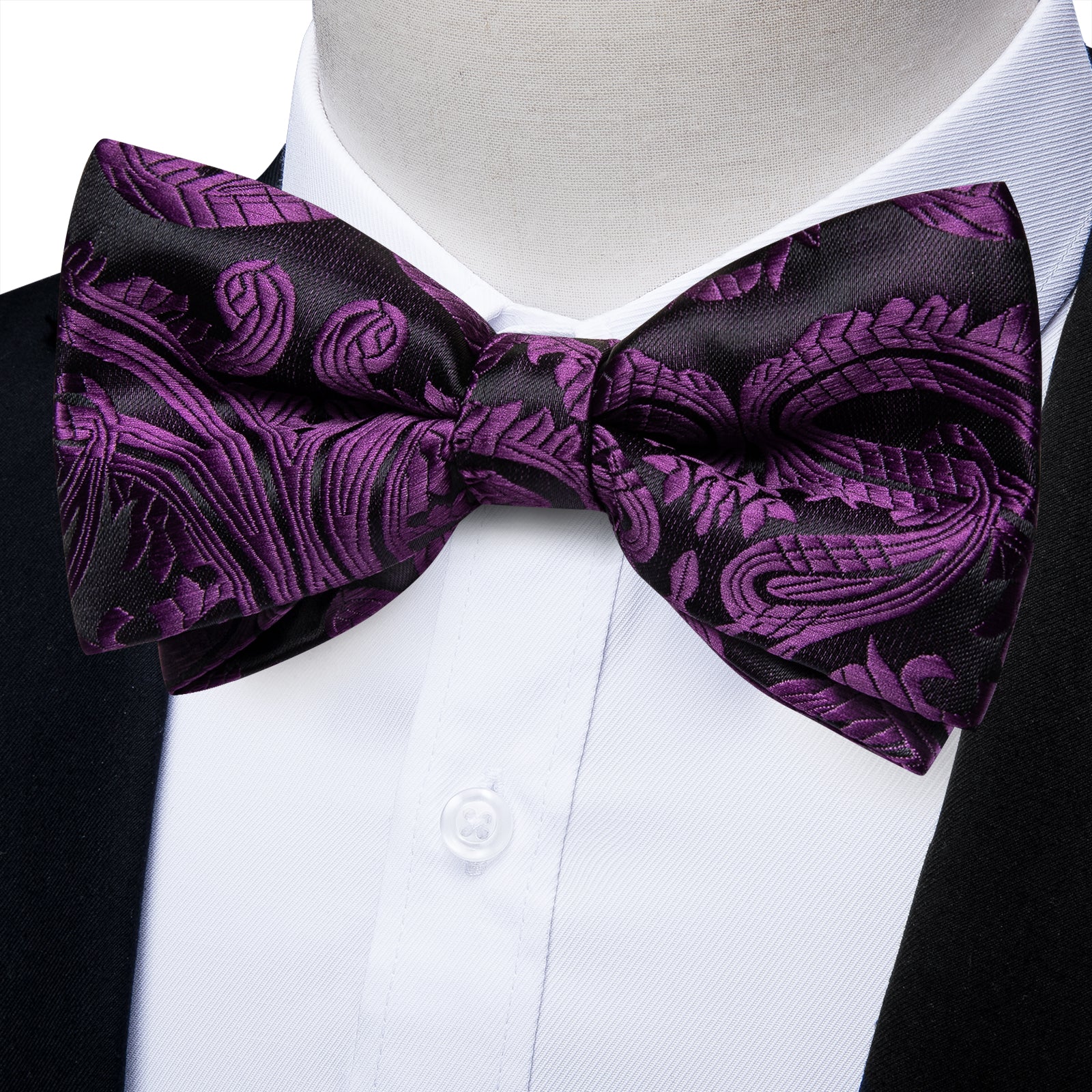 Black Purple Floral Silk Bowtie Pocket Square Cufflinks Set