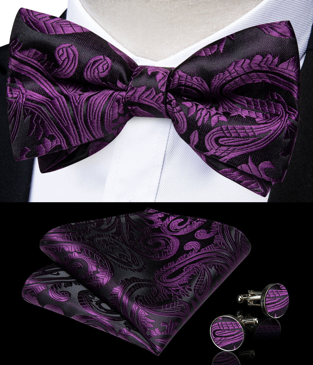 Black Purple Floral Silk Bowtie Pocket Square Cufflinks Set