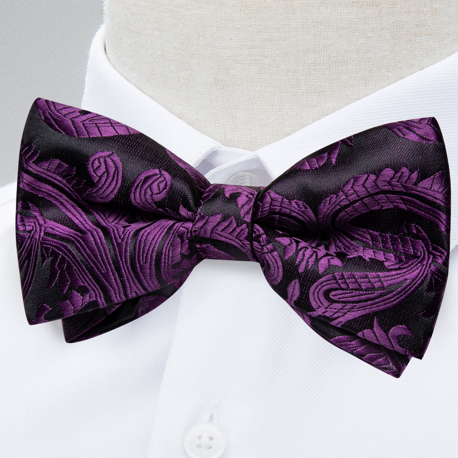 Black Purple Floral Silk Bowtie Pocket Square Cufflinks Set