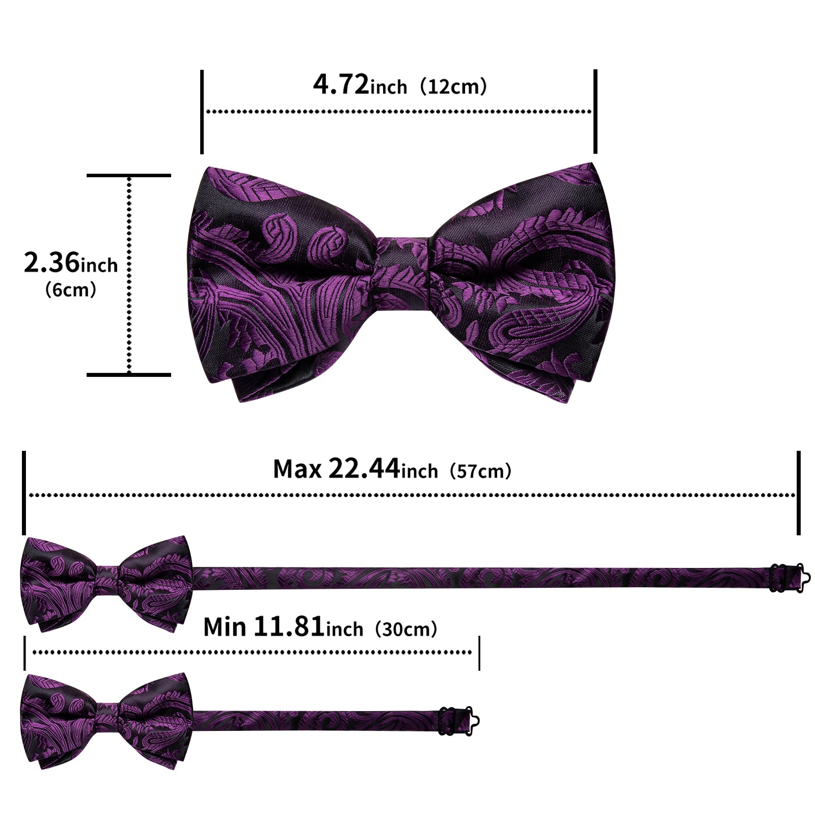 Black Purple Floral Silk Bowtie Pocket Square Cufflinks Set