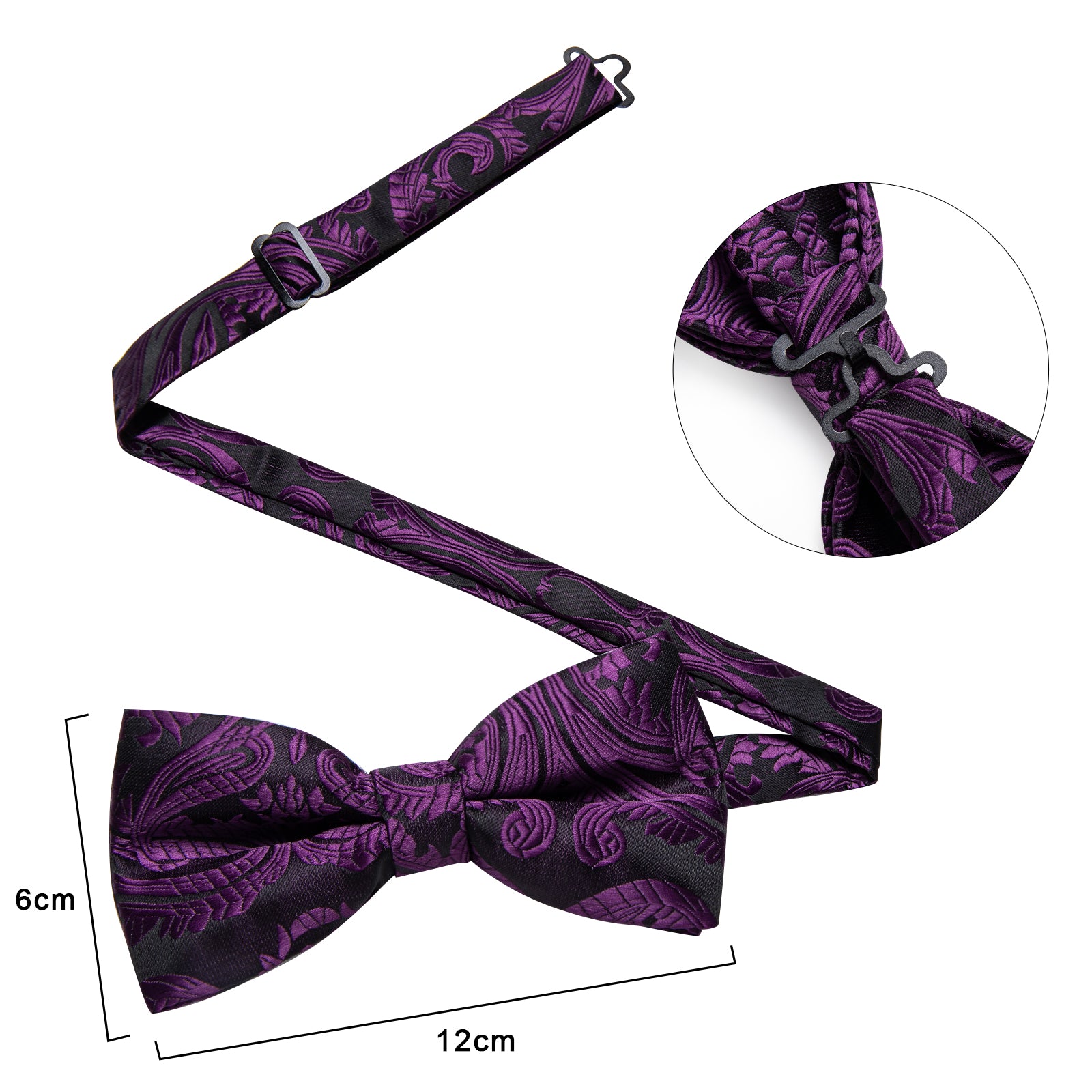 Black Purple Floral Silk Bowtie Pocket Square Cufflinks Set