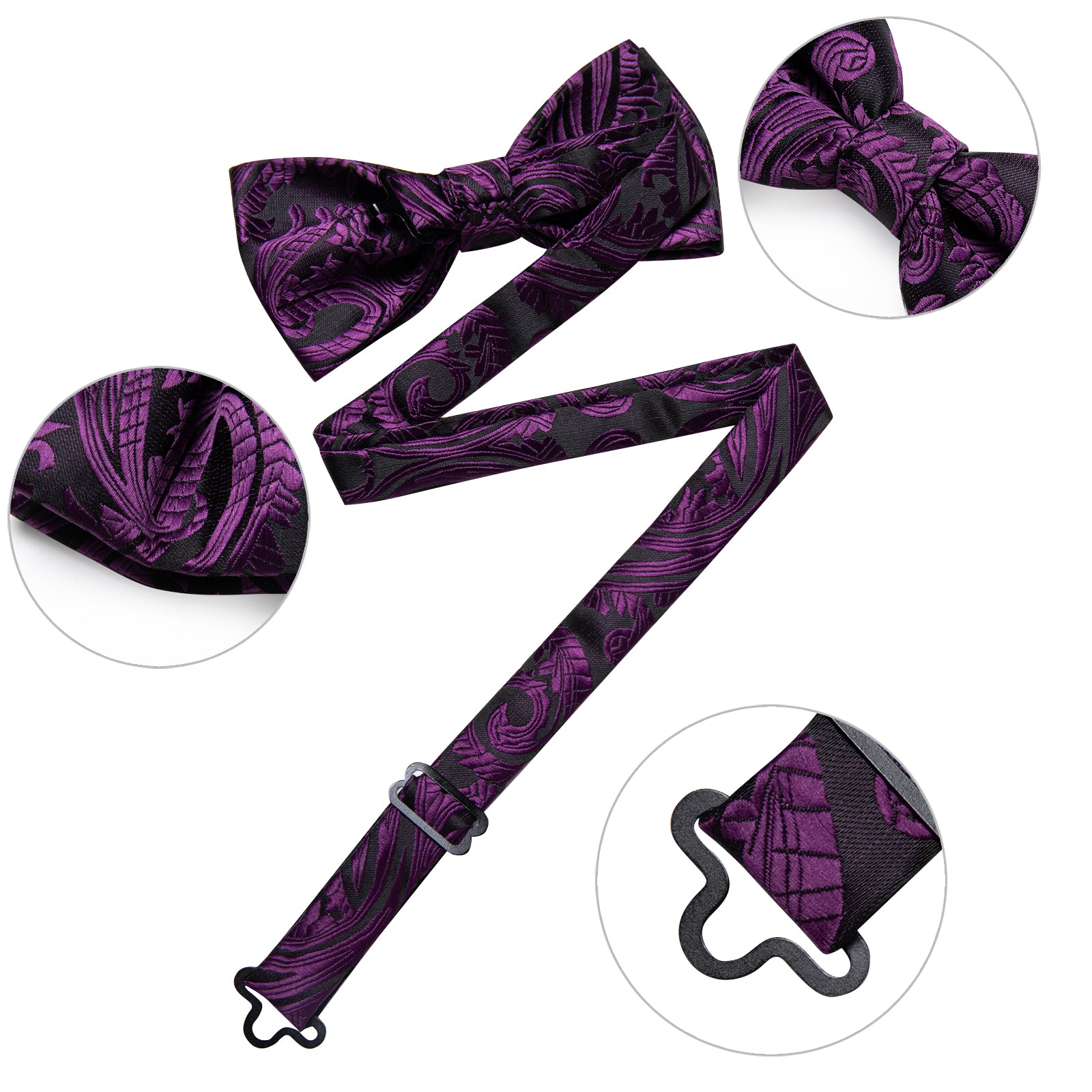 Black Purple Floral Silk Bowtie Pocket Square Cufflinks Set