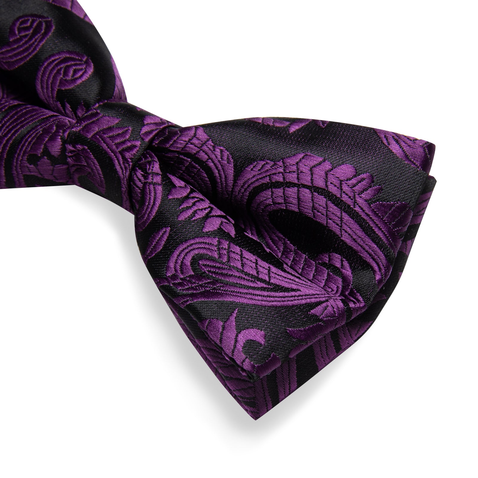 Black Purple Floral Silk Bowtie Pocket Square Cufflinks Set