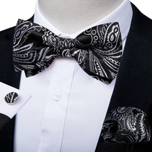 Black Silver Floral Silk Bowtie Pocket Square Cufflinks Set