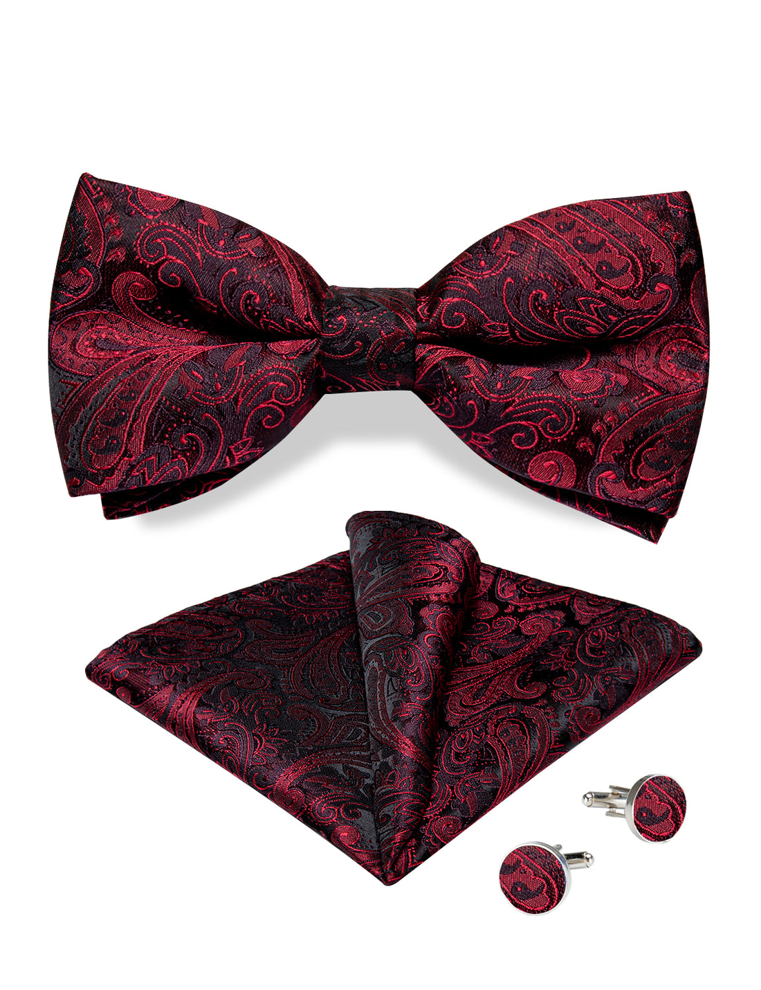 Red Floral Silk Bowtie Pocket Square Cufflinks Set