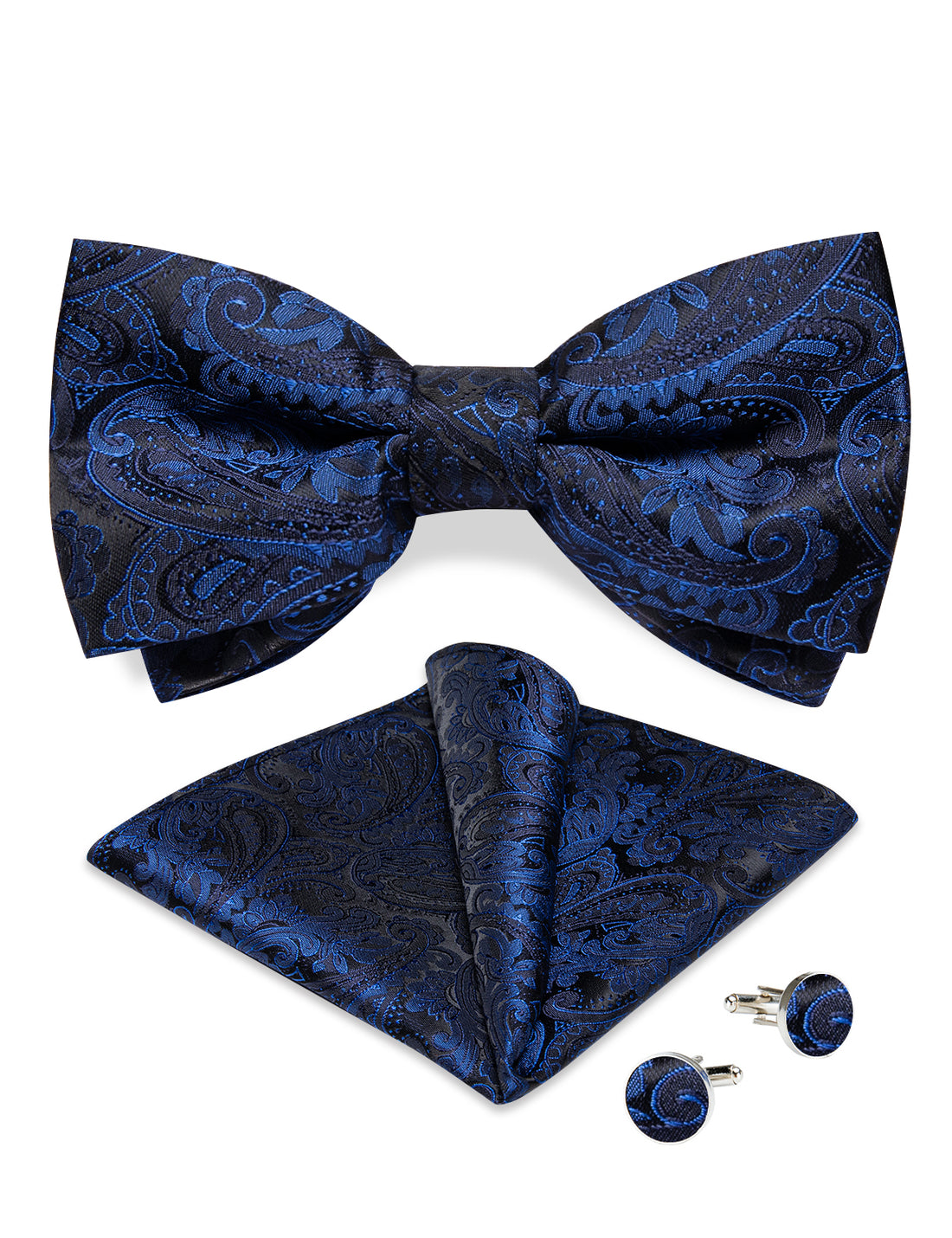 Blue Floral Silk Bowtie Pocket Square Cufflinks Set
