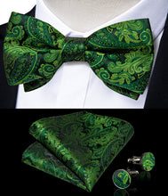 Tender Green Floral Silk Bowtie Pocket Square Cufflinks Set