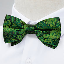 Tender Green Floral Silk Bowtie Pocket Square Cufflinks Set