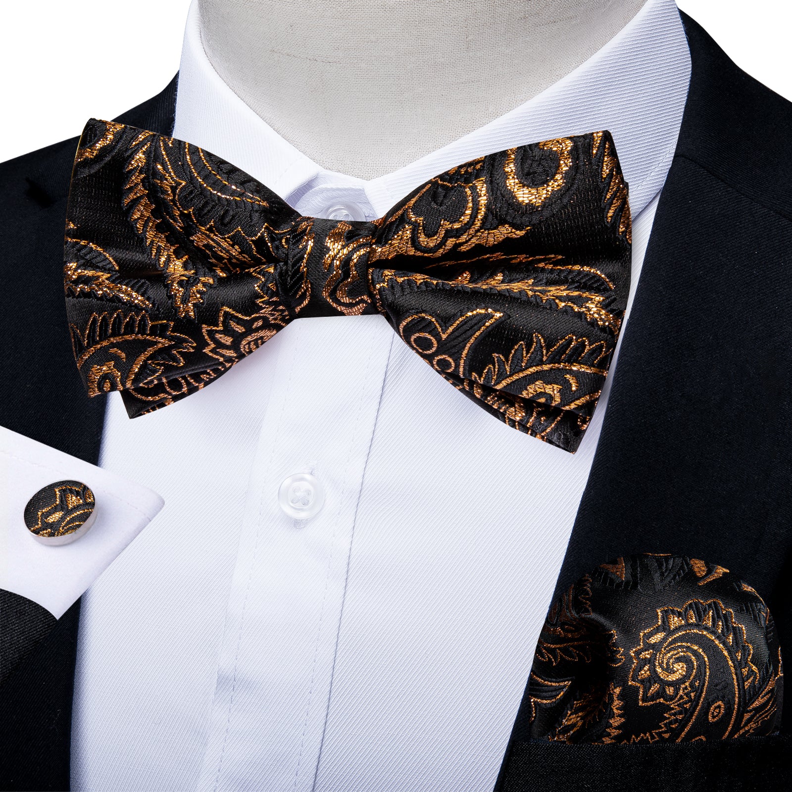Black Golden Floral Silk Bowtie Pocket Square Cufflinks Set