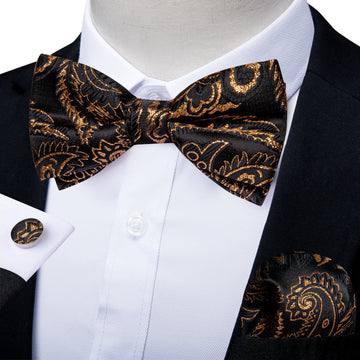 Black Golden Floral Silk Bowtie Pocket Square Cufflinks Set