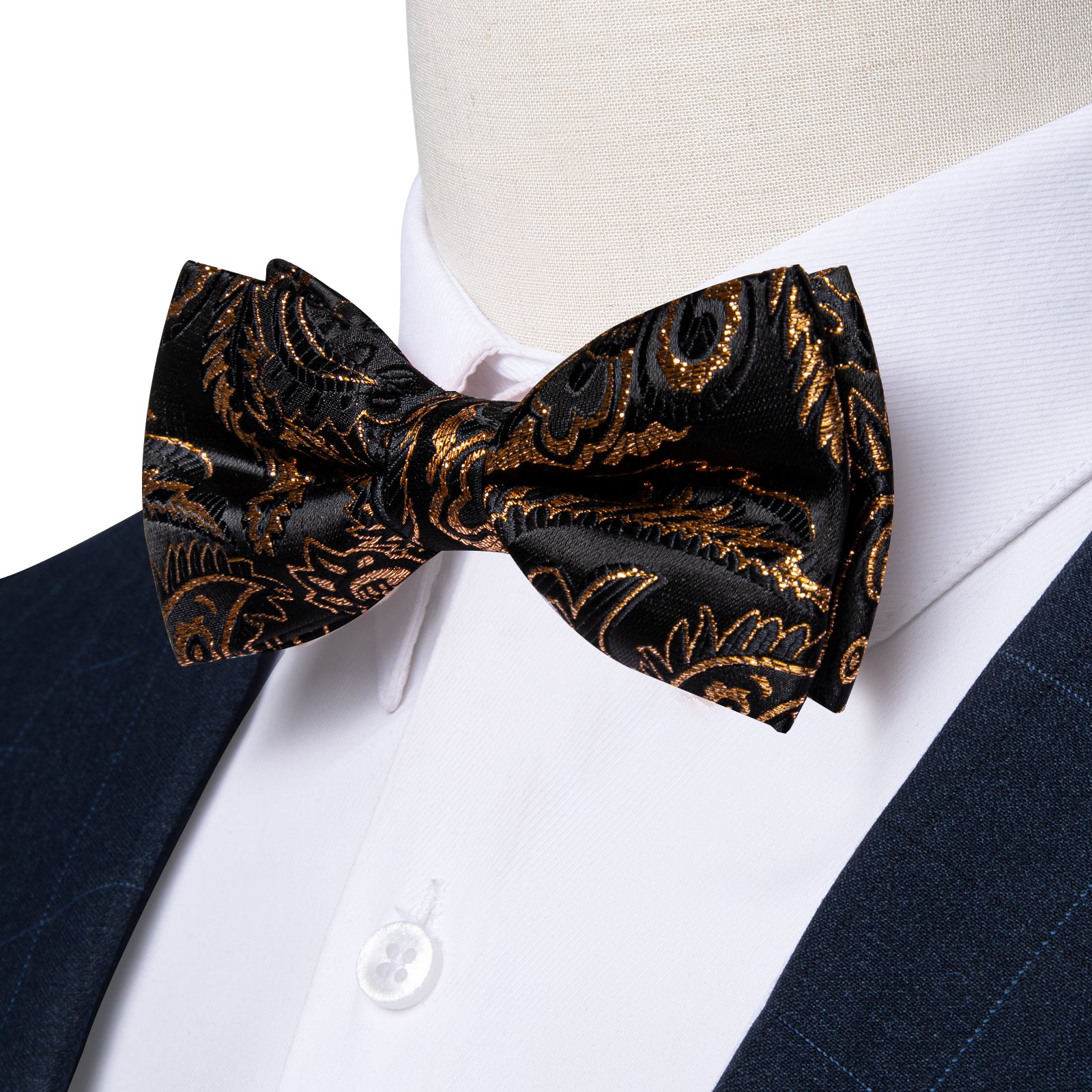 Black Golden Floral Silk Bowtie Pocket Square Cufflinks Set