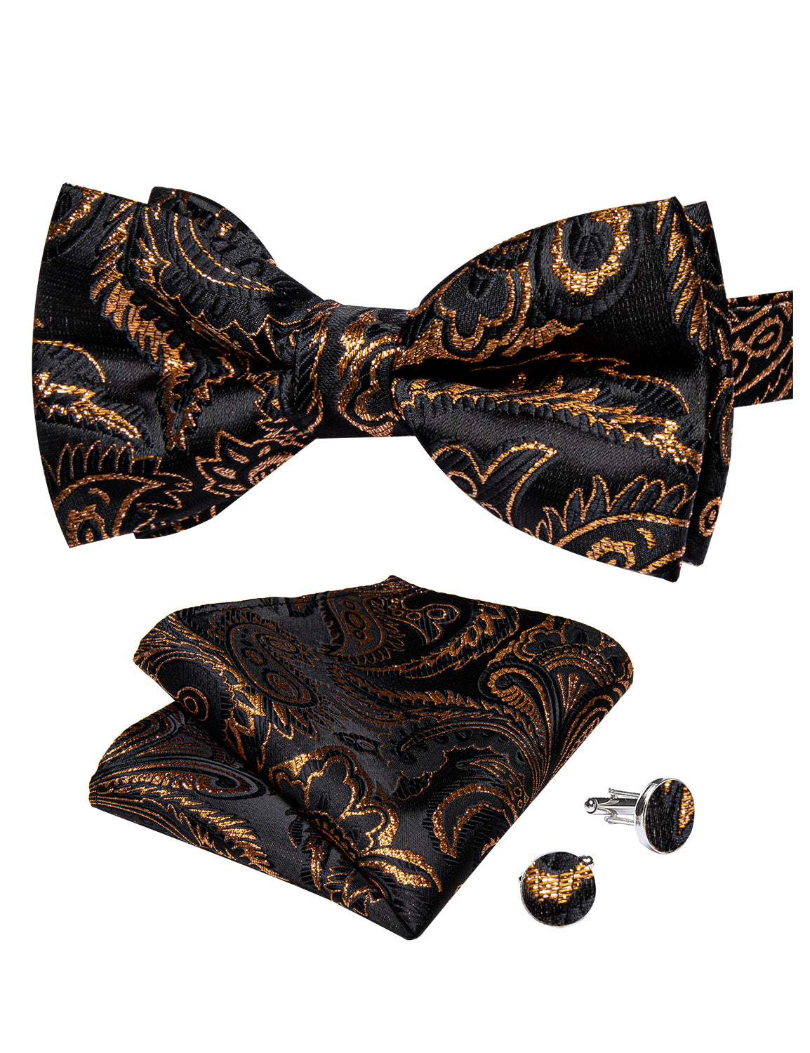 Black Golden Floral Silk Bowtie Pocket Square Cufflinks Set