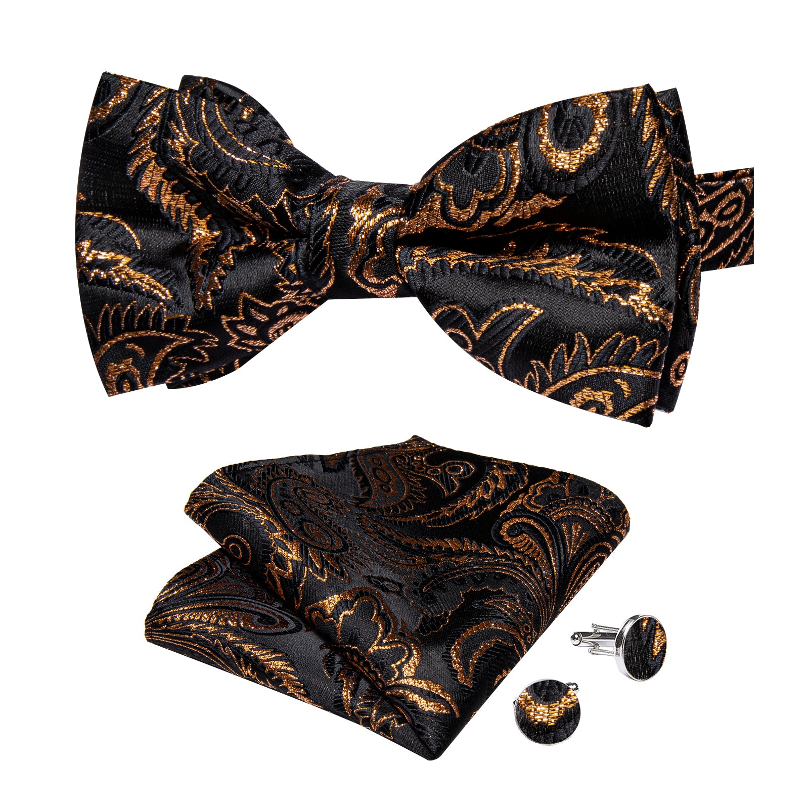 Black Golden Floral Silk Bowtie Pocket Square Cufflinks Set
