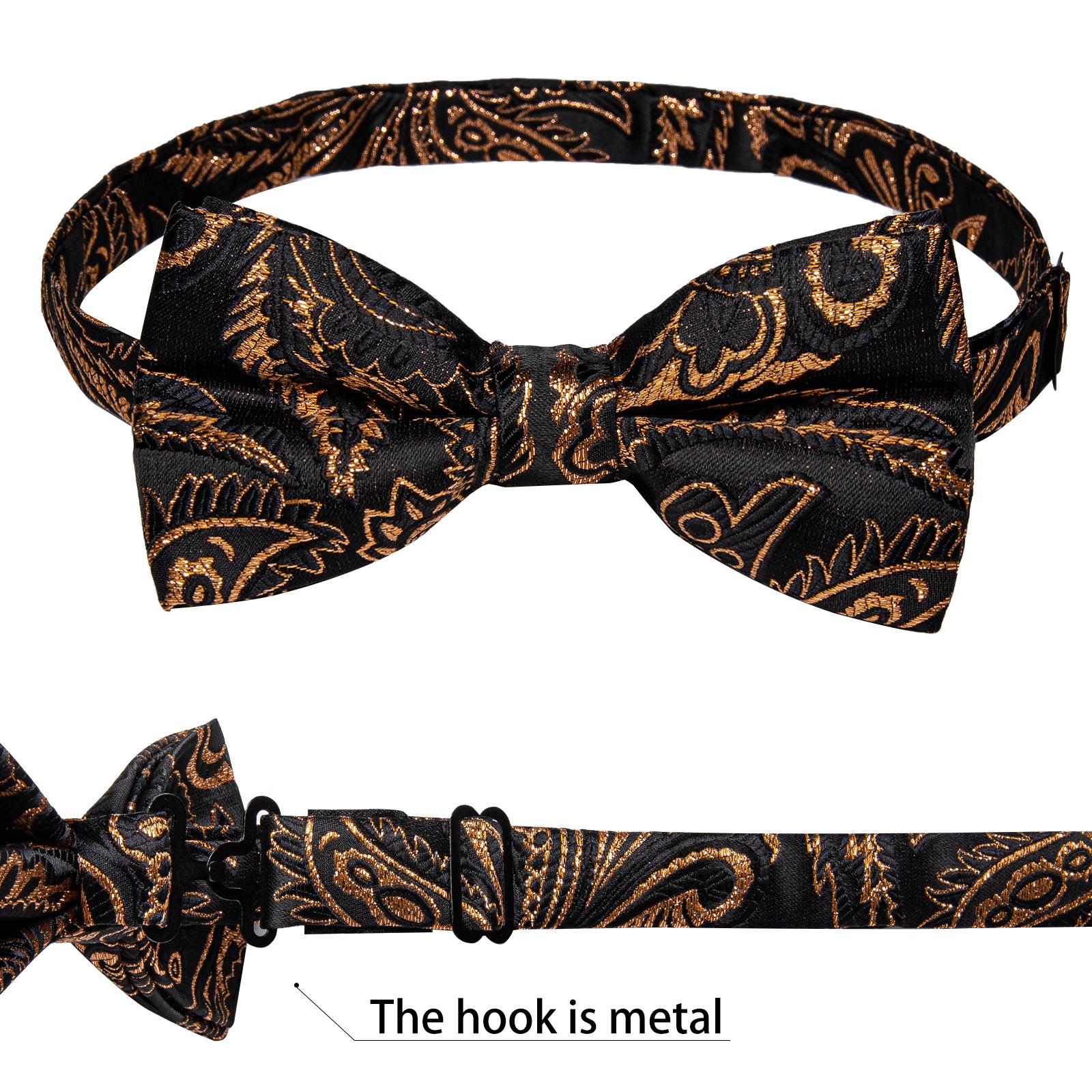 Black Golden Floral Silk Bowtie Pocket Square Cufflinks Set