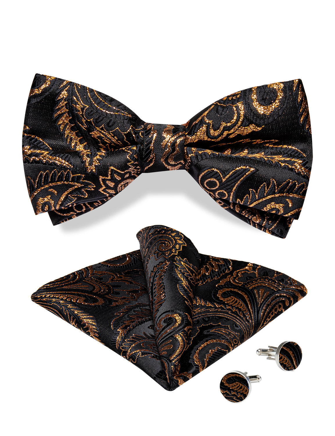 Black Golden Floral Silk Bowtie Pocket Square Cufflinks Set