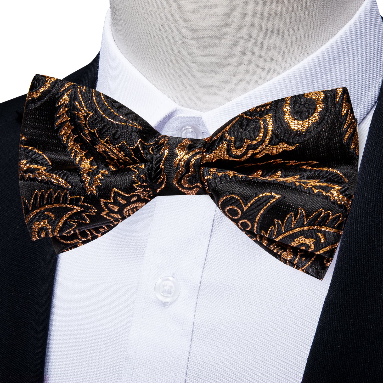 Black Golden Floral Silk Bowtie Pocket Square Cufflinks Set