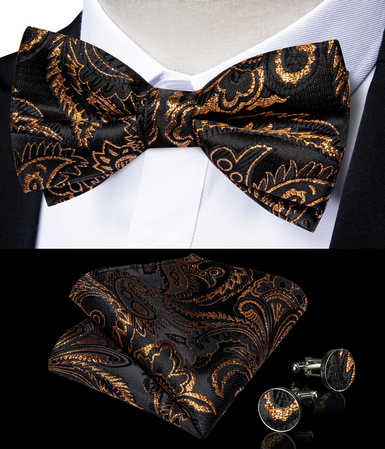 Black Golden Floral Silk Bowtie Pocket Square Cufflinks Set