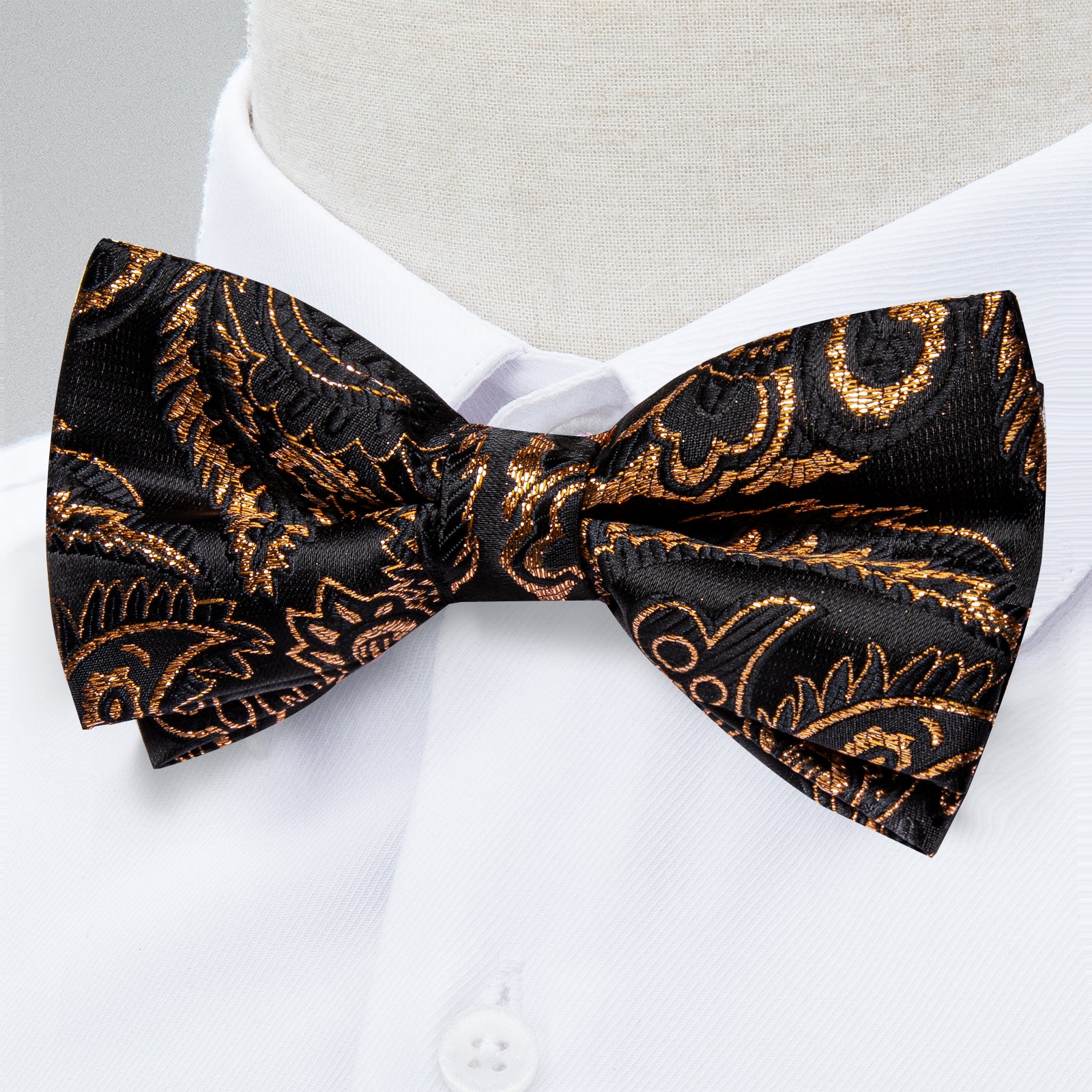 Black Golden Floral Silk Bowtie Pocket Square Cufflinks Set