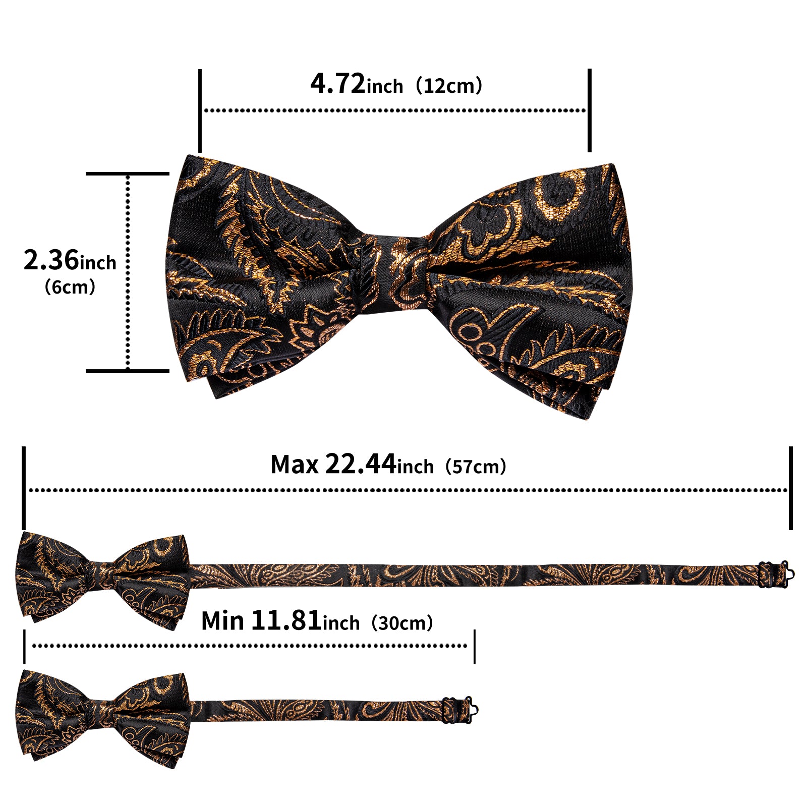 Black Golden Floral Silk Bowtie Pocket Square Cufflinks Set