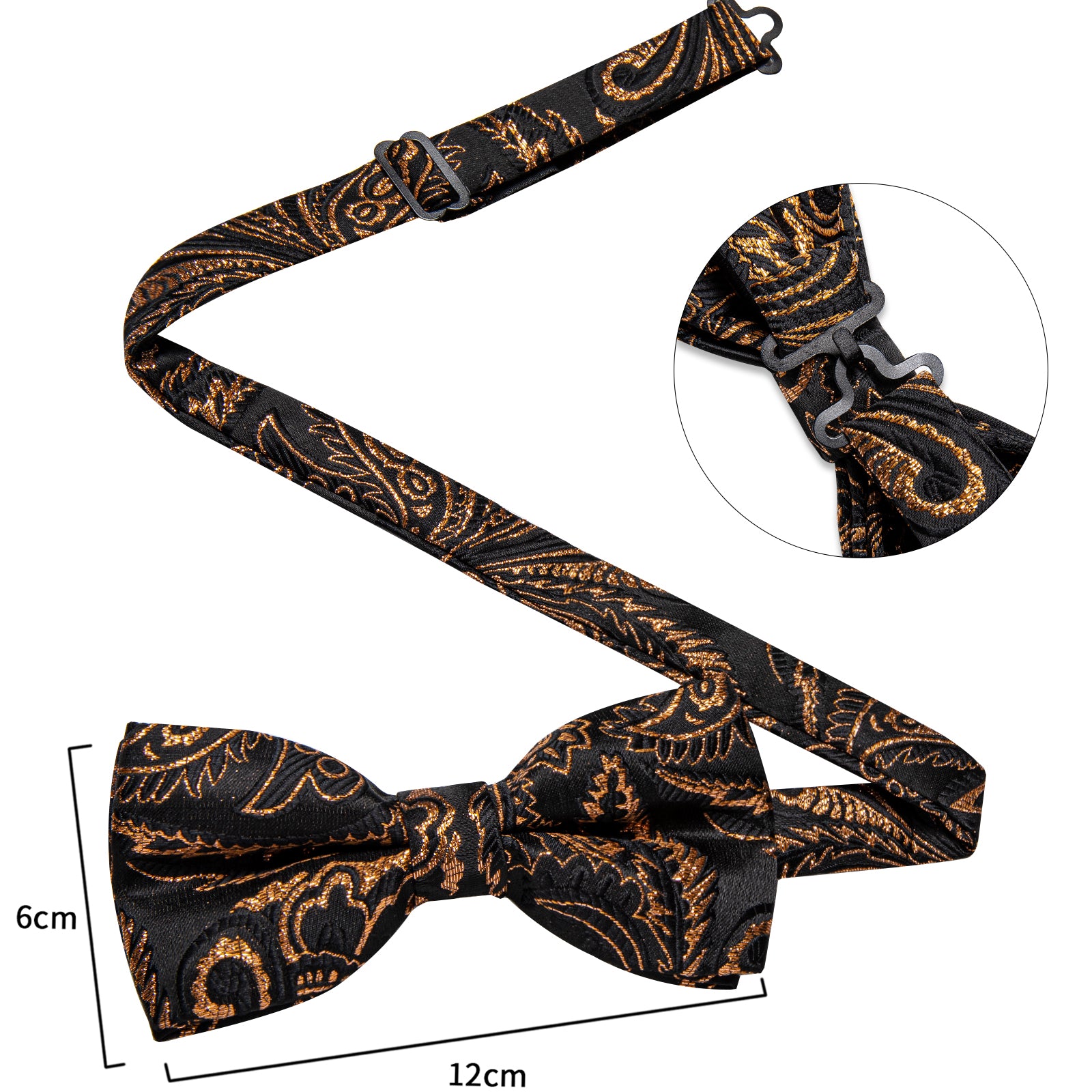 Black Golden Floral Silk Bowtie Pocket Square Cufflinks Set