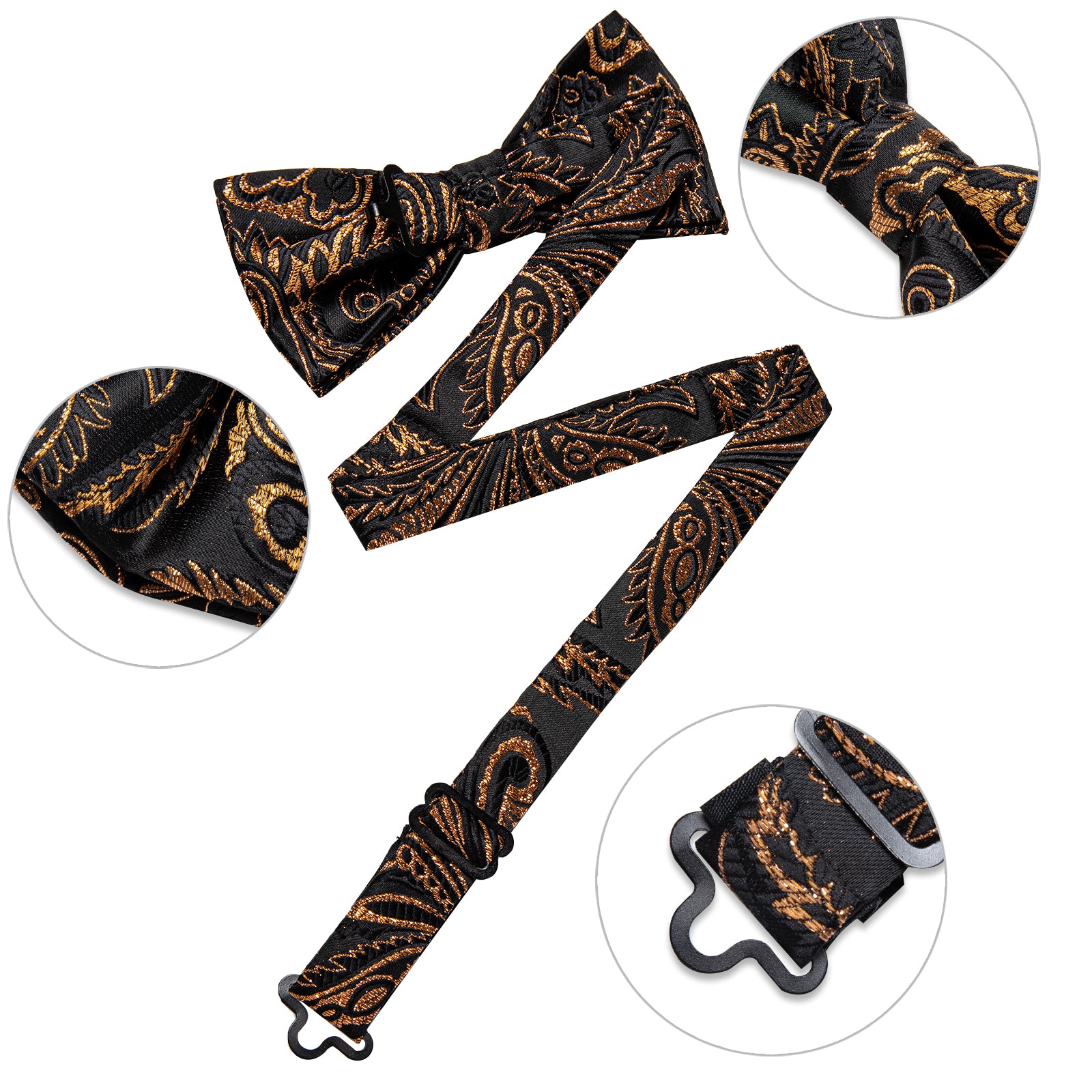 Black Golden Floral Silk Bowtie Pocket Square Cufflinks Set