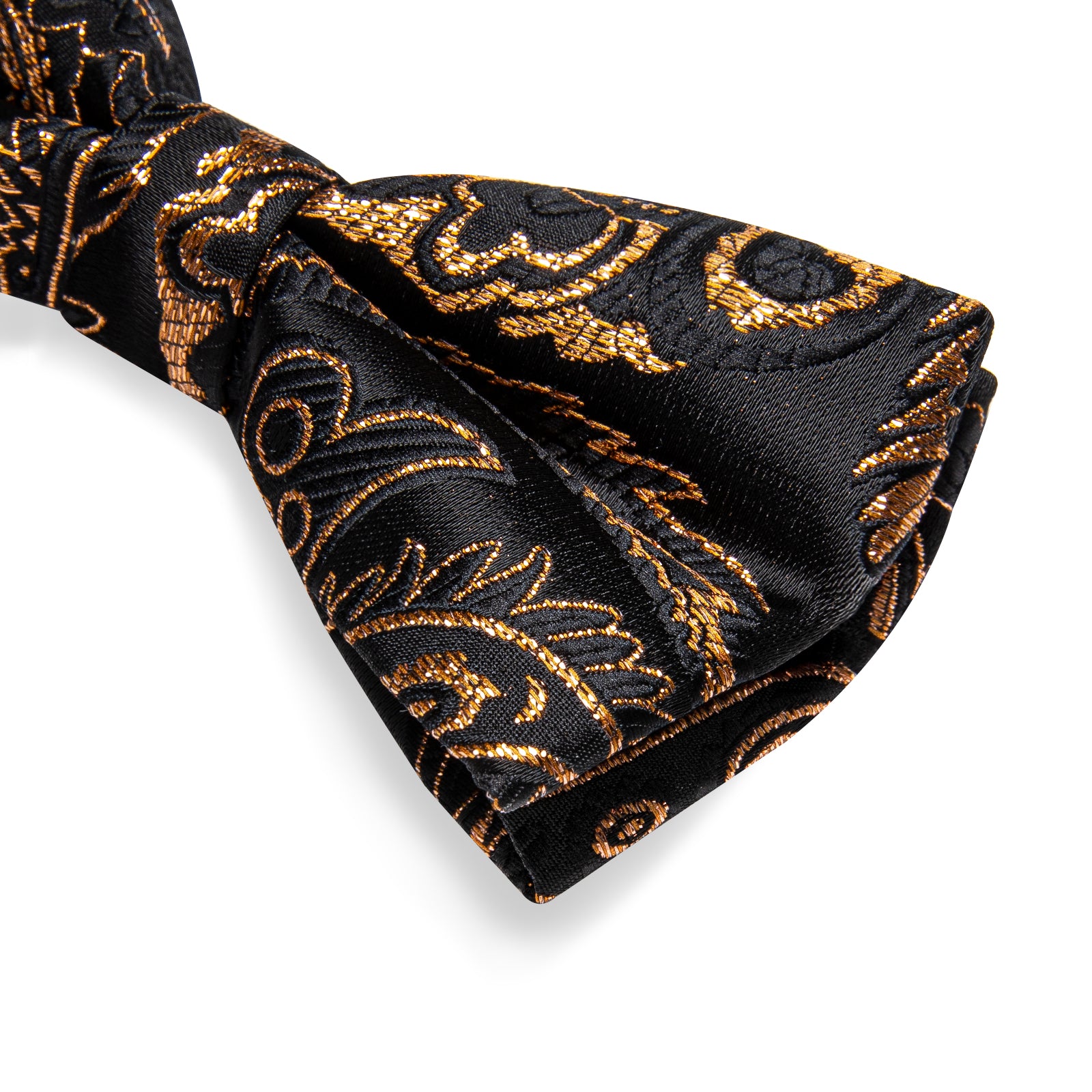 Black Golden Floral Silk Bowtie Pocket Square Cufflinks Set
