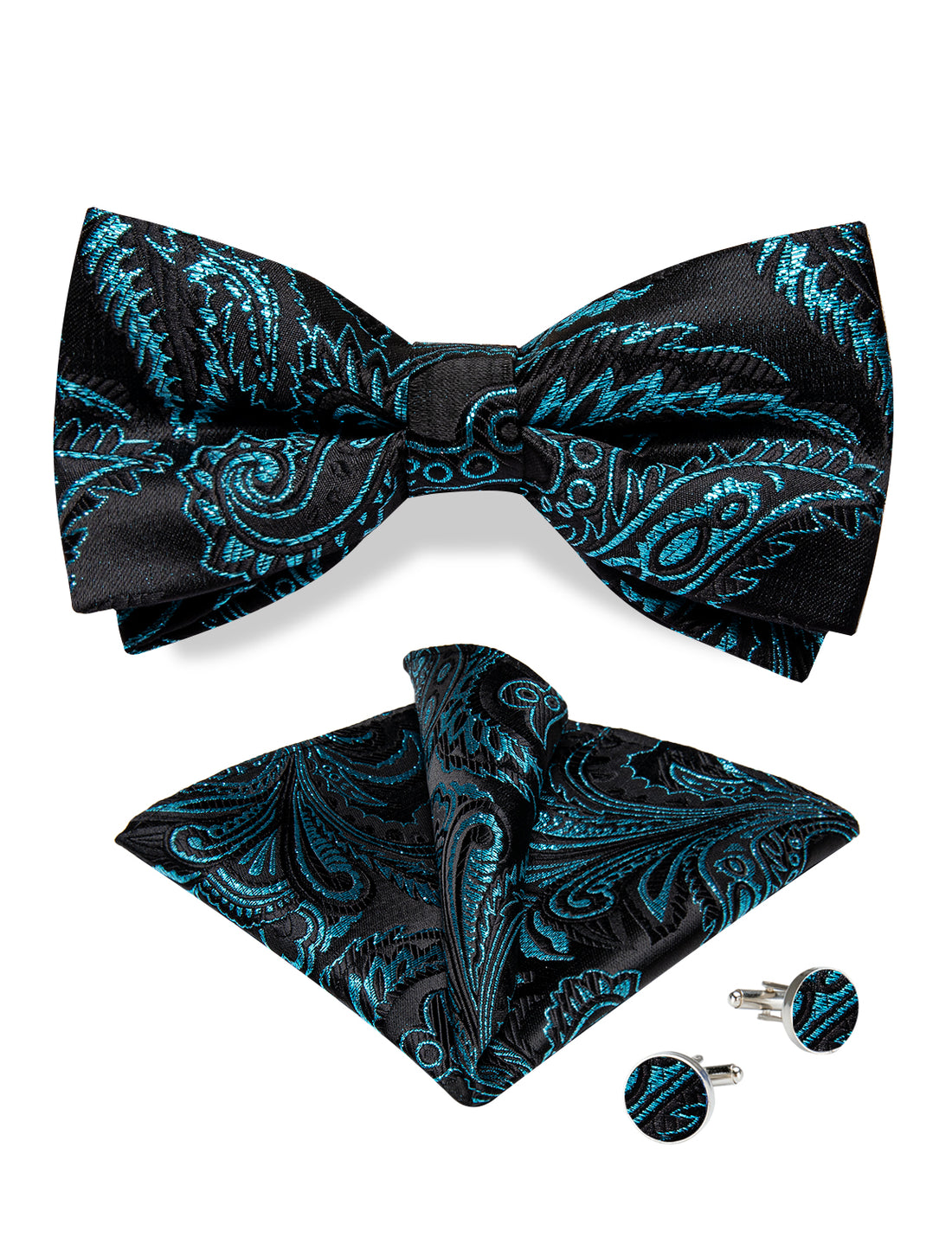 Black Blue Floral Silk Bowtie Pocket Square Cufflinks Set